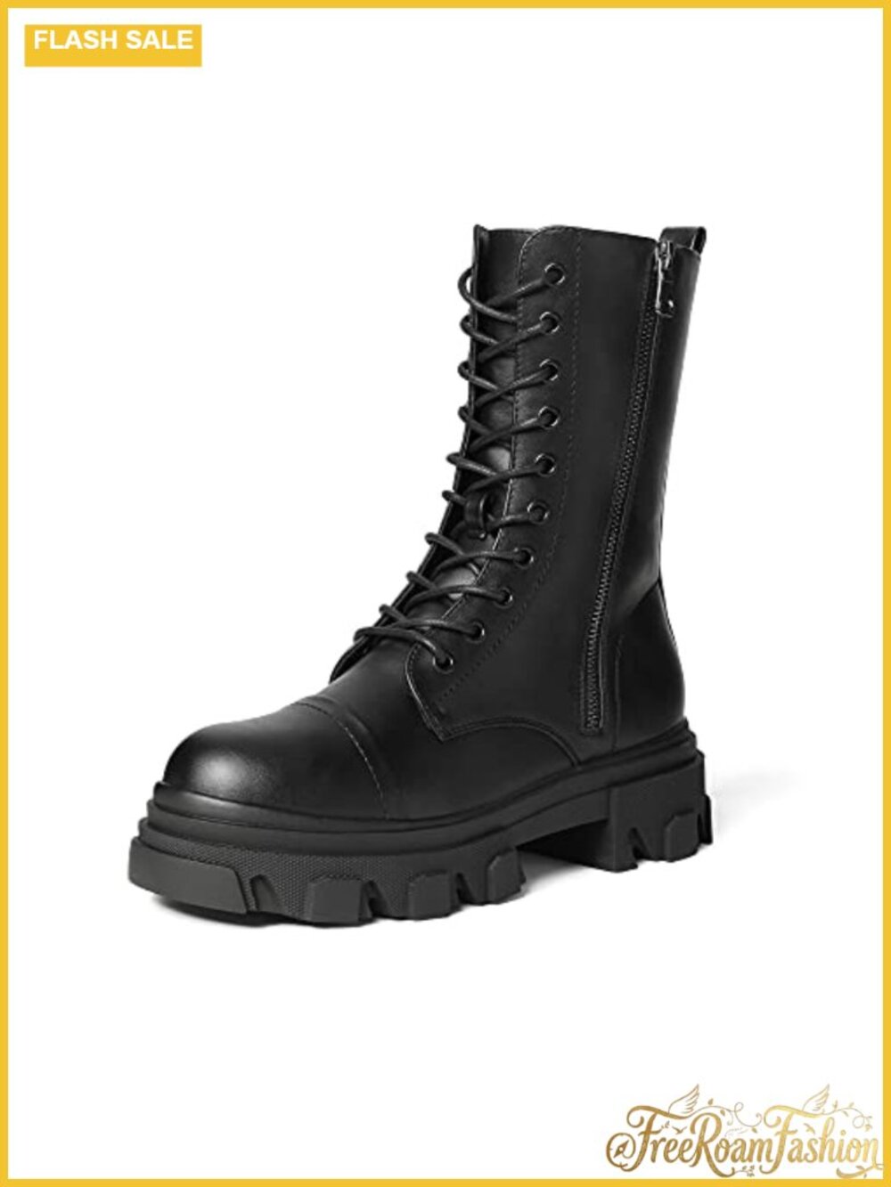Women's Combat Boots Lace Up Mid Calf Faux Leather Low Heel Zip
